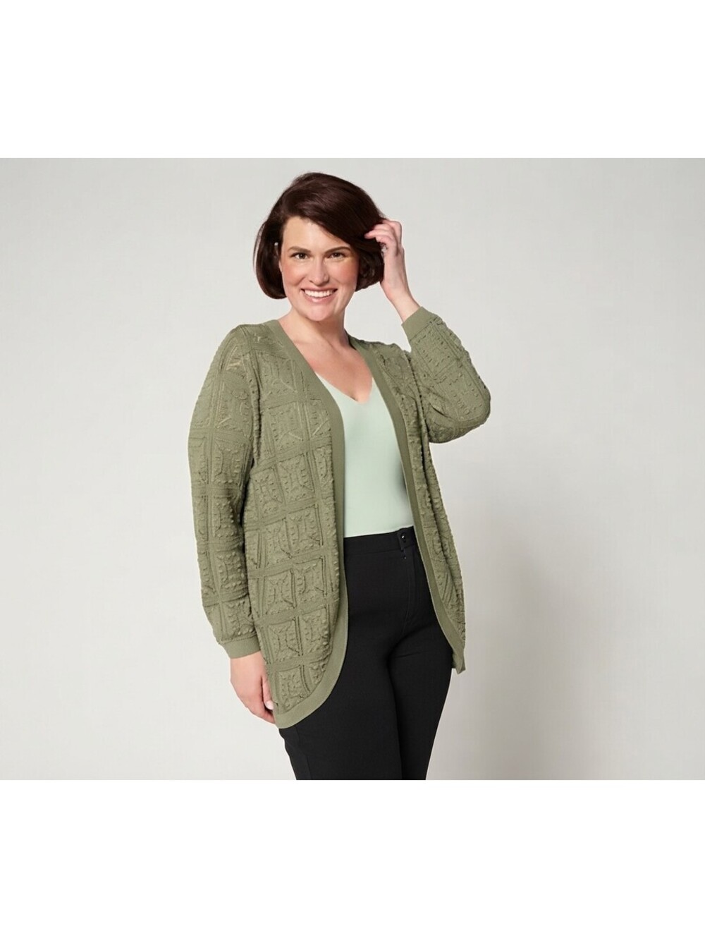 Susan Graver Novelty Stitch Knit Open Front Cardigan Sweater Agave Green Size 5X
